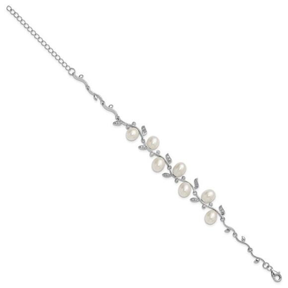 Sterling Silver Rhodium-Plated Pearl & CZ Leaf Bracelet (7” + 1” Extender) - Picture 3 of 5